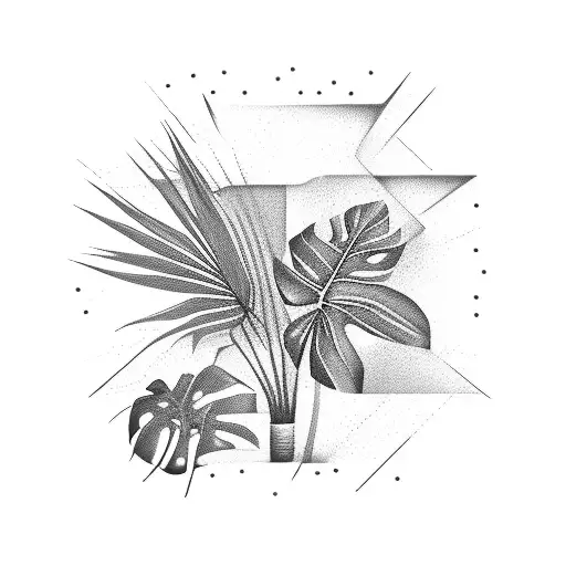3d tropical plant scene in a square frame tattoo design idea