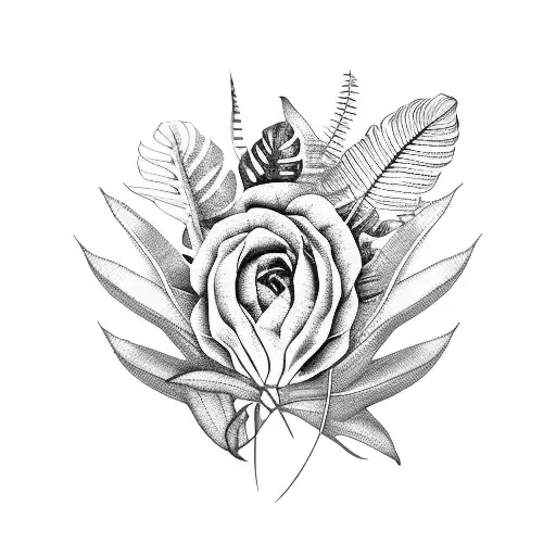 tropical plant scene within a thick frame and the plants are spilling over the frames edges to make it look 3d tattoo design idea