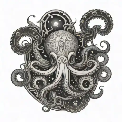A black and grey tattoo of an octopus surrounded by celestial bodies and symbols of ancient gods tattoo design idea