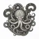 A black and grey tattoo of an octopus surrounded by celestial bodies and symbols of ancient gods tattoo design idea