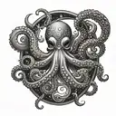 A black and grey tattoo of an octopus surrounded by celestial bodies and symbols of ancient gods tattoo design idea