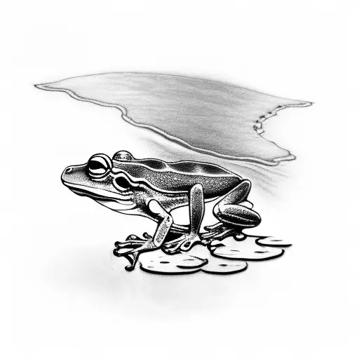 Nature Scene of a frog on a lily pad in a river with a dragonfly flying near it with rays of sunlight in the background tattoo design idea