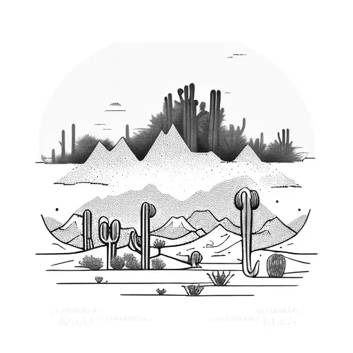 arizona landscape with cacti and mountains, in the art style of rubber hose tattoo design idea