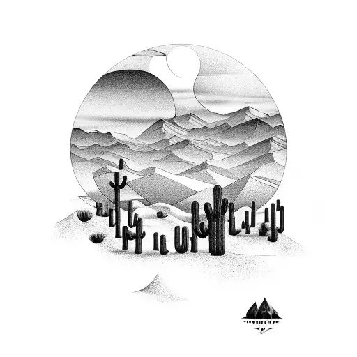 desert landscape, rubber hose art style tattoo design idea