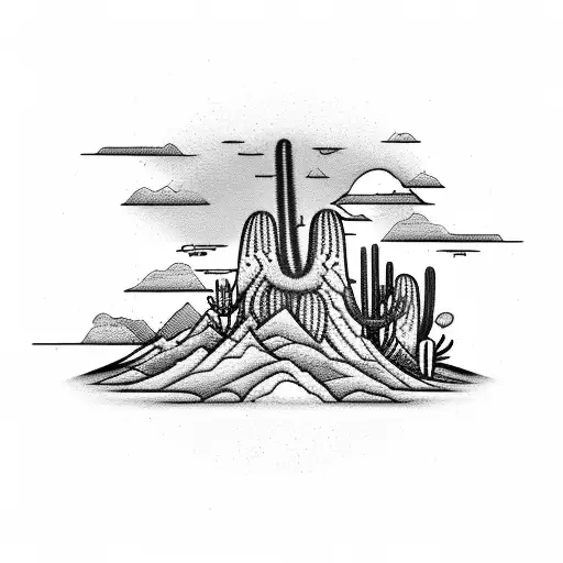 arizona landscape with cacti and mountains, in the art style of rubber hose tattoo design idea