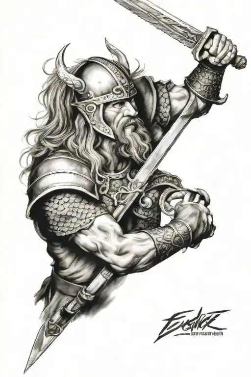 viking warrior, Excalibur sword stuck tattoo design idea