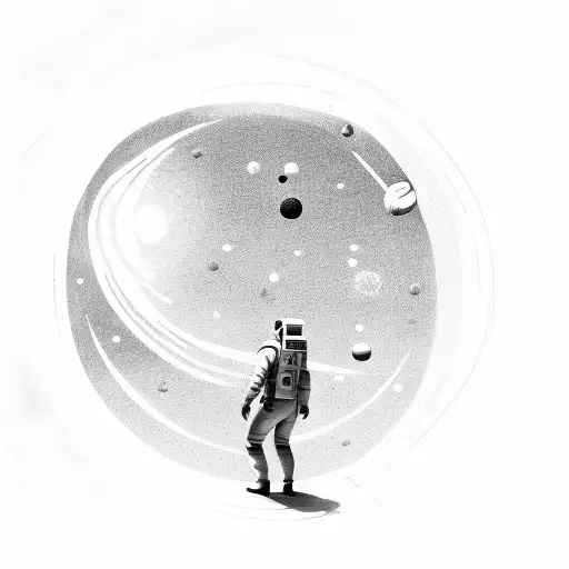 man walking upstairs to the galaxy with different stars, moons , planets and the sun passing by him with an astronaut  tattoo design idea