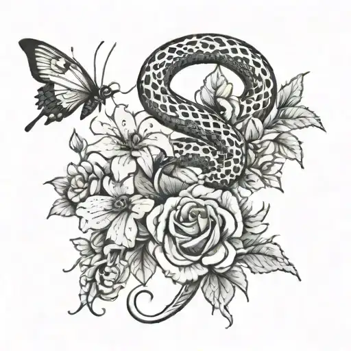 Spine tattoo of a snake going up spine and flowers and butterfly along the snake. Incorporate a scorpion in the tattoo tattoo design idea