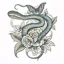 Spine tattoo of a snake going up spine and flowers and butterfly along the snake. Incorporate a scorpion in the tattoo tattoo design idea