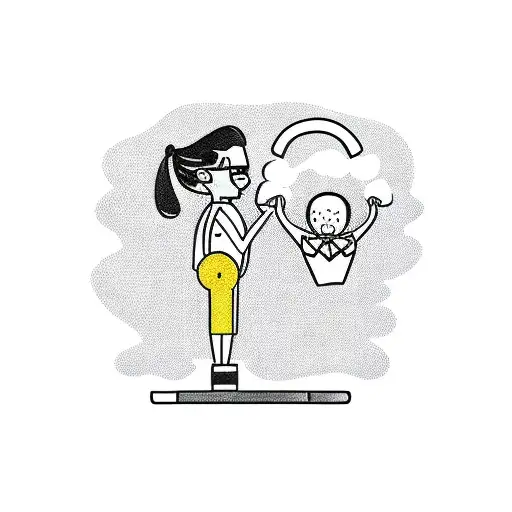 A new-school tattoo of a lawyer superhero balancing a briefcase and a baby on a beach tattoo design idea