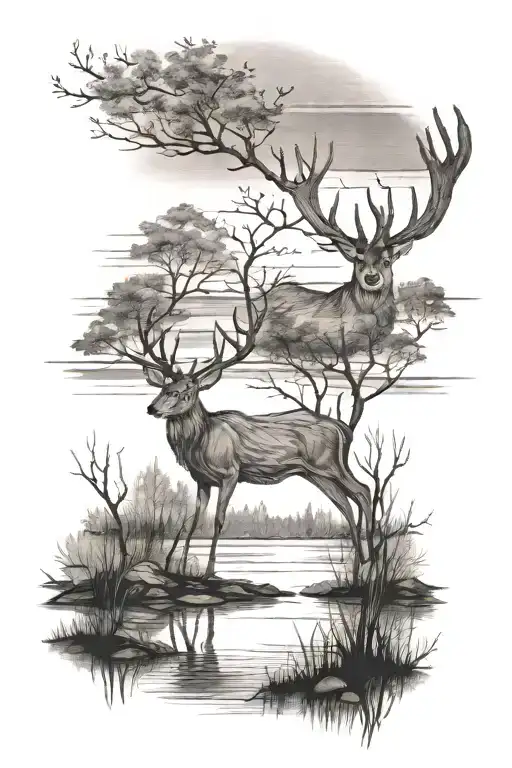 Back of faded out deer above a lake tattoo design idea