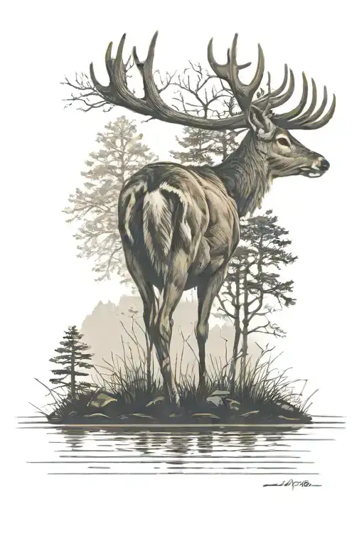 Back of faded out deer in front of a lake tattoo design idea