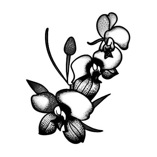 bouquet with bluebonnet, pansie, petunia, bluebonnet, orchid, aster, lily of the valley tattoo design idea