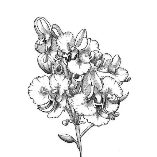 bouquet with bluebonnet, pansie, petunia, bluebonnet, orchid, aster, lily of the valley tattoo design idea