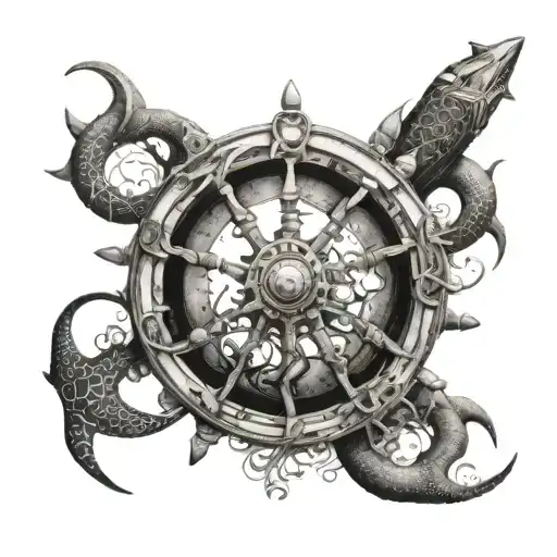 An intricate design of a ship's wheel entwined with sea creatures like sirenes and Leviathan tattoo design idea