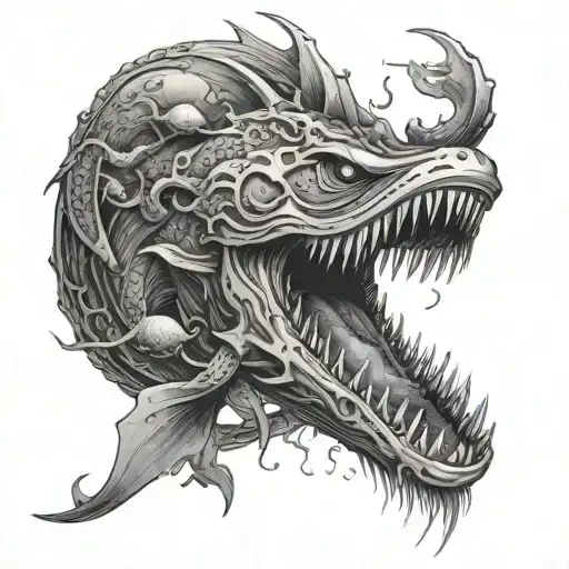 A detailed Leviathan emerging from the depths of the sea, surrounded by smaller sea creatures tattoo design idea