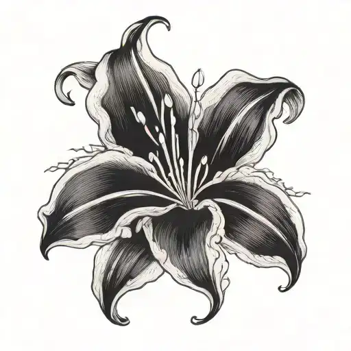 A blackwork tattoo of a blooming lily, the June birth flower, with the name 'Brooklyn Harper' elegantly integrated into the petals tattoo design idea