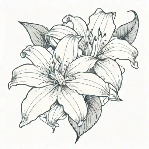 A blackwork tattoo of a blooming lily, the June birth flower, with the name 'Brooklyn Harper' elegantly integrated into the petals tattoo design idea