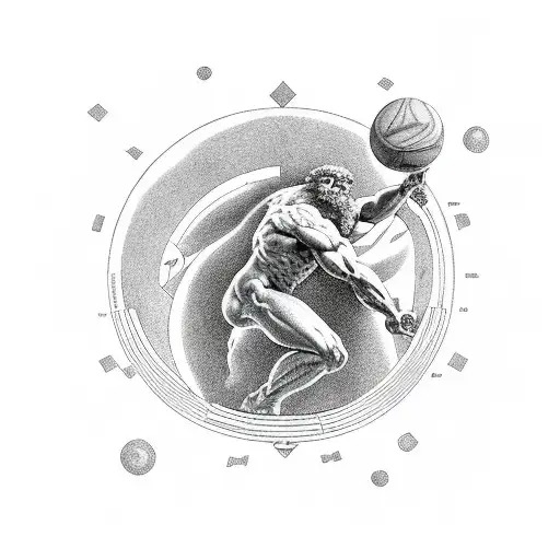 Atlas, the titan from Greek mythology kneeling. His arms are lifting a sphere which has the map of the sky drawn on it.  tattoo design idea