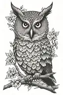 Change the owl model, make it realistic and hard, have sharp eyes, make its ears more pointed, put it under the trees in the most magical way. tattoo design idea