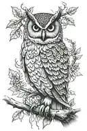 Change the owl model, make it realistic and hard, have sharp eyes, make its ears more pointed, put it under the trees in the most magical way. tattoo design idea