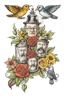 Design a tattoo that features characters Compo, Foggy and Clegg from “The Last of the Summer Wine” in a black and white  tattoo design idea