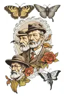 Design a tattoo that features characters Compo, Foggy and Clegg from “The Last of the Summer Wine” in a black and white  tattoo design idea