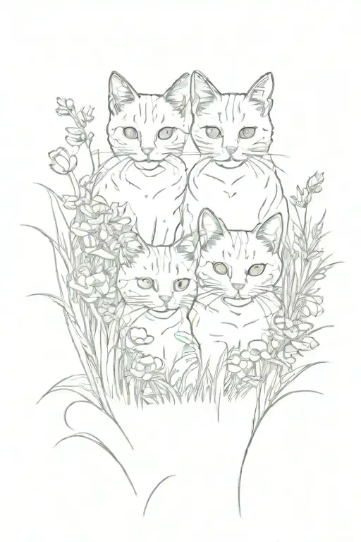two cute cats with their faces visible sitting in a patch of grass with tall fauna(mainly flowers) filling up the ground tattoo design idea