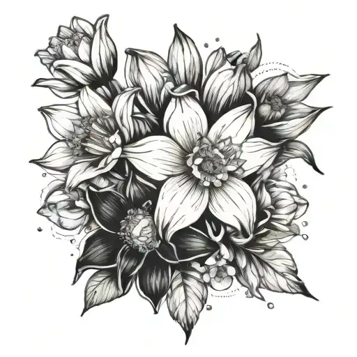 bouquet of 1 daffodil flower, 1 water lily, 1 cosmo flower, 1 cosmo flower tattoo design idea