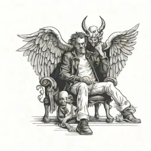 angel wins demon person sitting in a chair with two summarise on about we've headless heads around and he's holding two  tattoo design idea