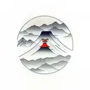 Torii con el Monte Fuji detrás y una luna roja grande de fondo tattoo design idea