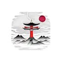 Torii con el Monte Fuji detrás y una luna roja grande de fondo tattoo design idea