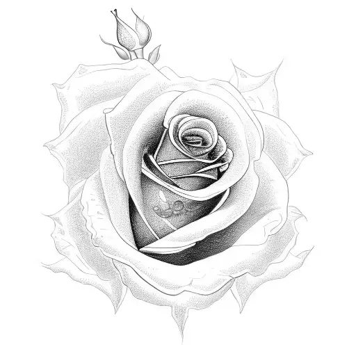 A detailed blackwork tattoo of a rose intertwined with a rosary tattoo design idea