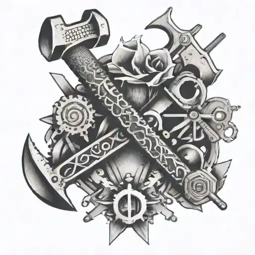 An intricate tattoo featuring tools of handwerk, such as hammers, saws, and wrenches tattoo design idea