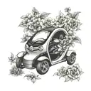 A detailed tattoo of a Renault Twizy car surrounded by blooming flowers, representing the client's favorite things tattoo design idea