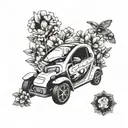 A detailed tattoo of a Renault Twizy car surrounded by blooming flowers, representing the client's favorite things tattoo design idea