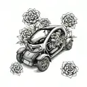 A detailed tattoo of a Renault Twizy car surrounded by blooming flowers, representing the client's favorite things tattoo design idea