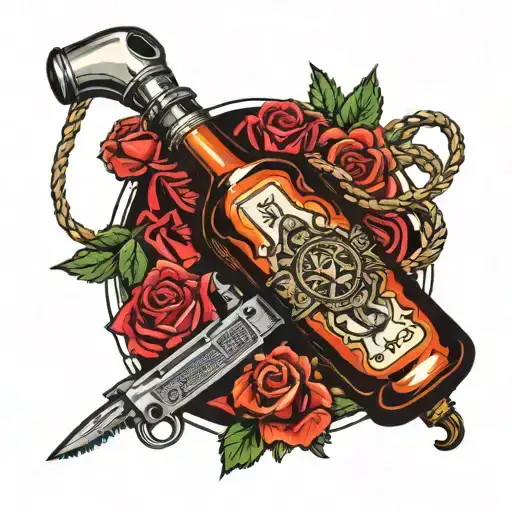 booze bottle, noose, razor blade, revolver tattoo design idea