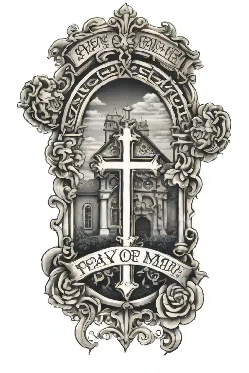 arched old English font "Pray for Me" with a old catholic church in background Chicano style tattoo design idea