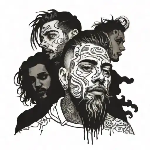 A portrait of Suicideboys members with a dark and moody aesthetic tattoo design idea