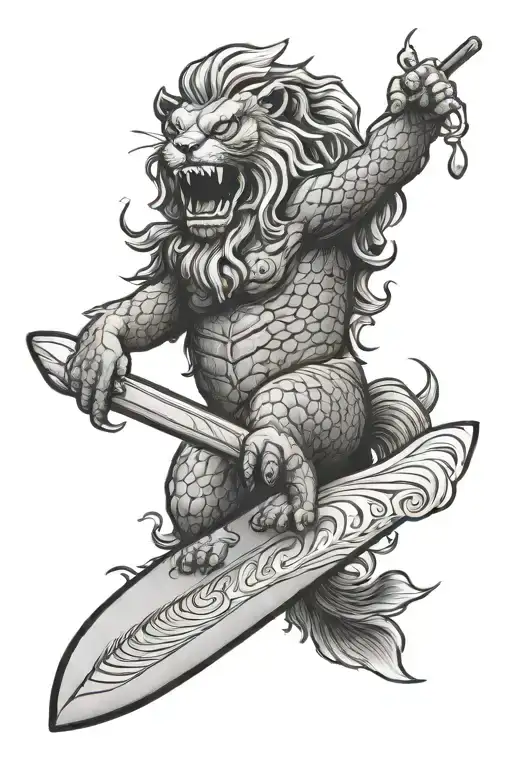 ferocious MERLION HOLDING A SURFBOARD tattoo design idea
