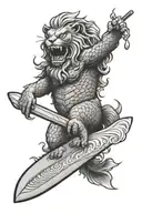 ferocious MERLION HOLDING A SURFBOARD tattoo design idea