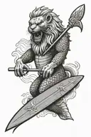 ferocious MERLION HOLDING A SURFBOARD tattoo design idea