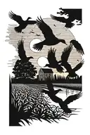 geese landing in corn field durning sunset tattoo design idea
