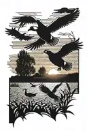 geese landing in corn field durning sunset tattoo design idea
