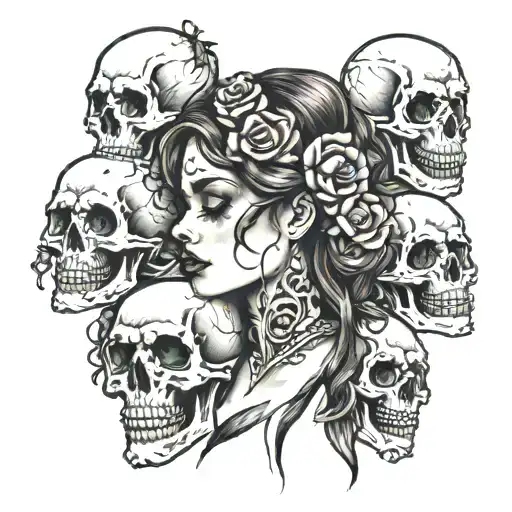 crying lady and skulls tattoo design idea
