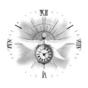 dove with clock, sun rays, clouds, and 71 in Roman numerals  tattoo design idea