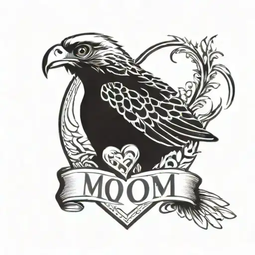 Hawk grabbing a heart that says MOM shaped like a heart tattoo design idea