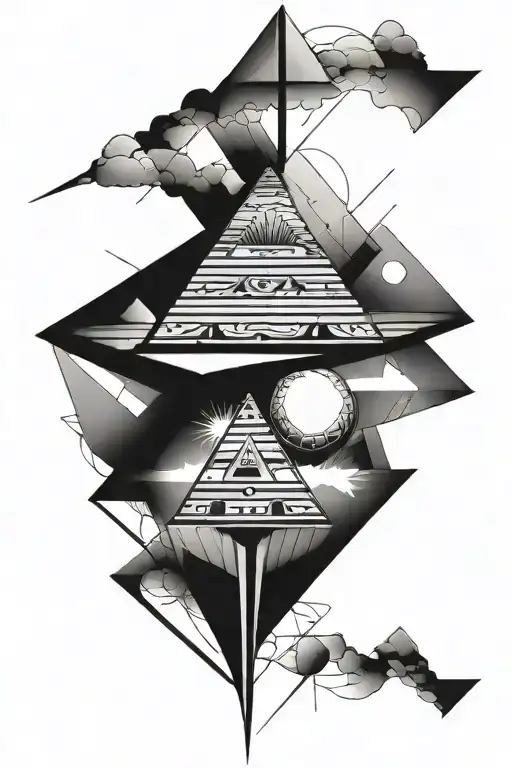 a black and grey leg tattoo for men extending from thigh to ankle. design will include orbs and pyramids. design should  tattoo design idea