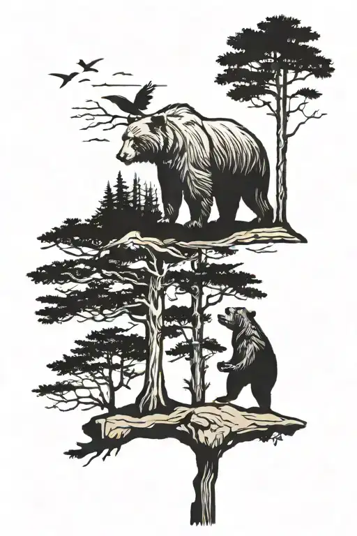 two tall, skinny pine trees with a bear and a bird tattoo design idea